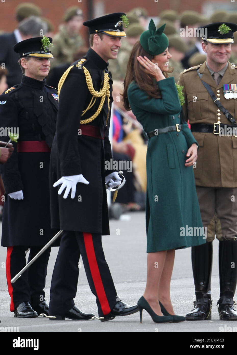 HRH The Duchess of Cambridge and Prince William presents shamrocks to the Irish Guards' at St Patricks Day Parade.  Featuring: The Duchess of Cambridge,Prince William Where: Aldershot, United Kingdom When: 16 Mar 2014 Stock Photo