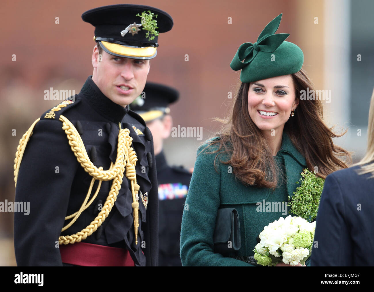HRH The Duchess of Cambridge and Prince William presents shamrocks to the Irish Guards' at St Patricks Day Parade.  Featuring: Catherine,Duchess of Cambridge,Kate Middleton,Prince William,Duke of Cambridge Where: Aldershot, United Kingdom When: 16 Mar 2014 Stock Photo