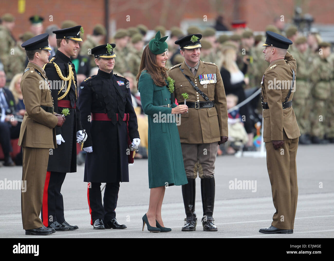 HRH The Duchess of Cambridge and Prince William presents shamrocks to the Irish Guards' at St Patricks Day Parade.  Featuring: The Duchess of Cambridge,Prince William Where: Aldershot, United Kingdom When: 16 Mar 2014 Stock Photo