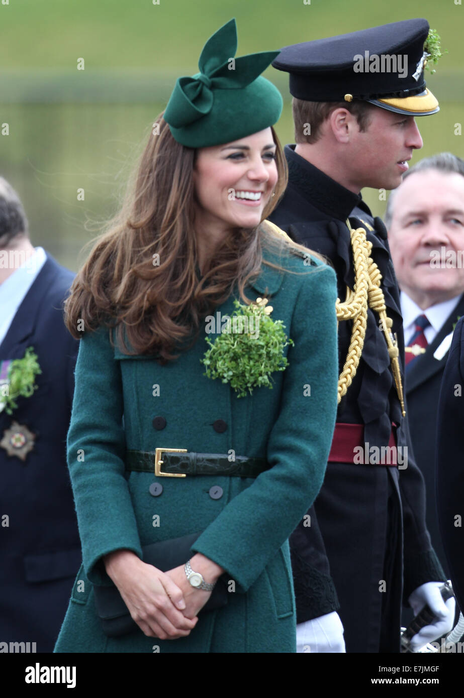 HRH The Duchess of Cambridge and Prince William presents shamrocks to the Irish Guards' at St Patricks Day Parade.  Featuring: The Duchess of Cambridge,Prince William Where: Aldershot, United Kingdom When: 16 Mar 2014 Stock Photo