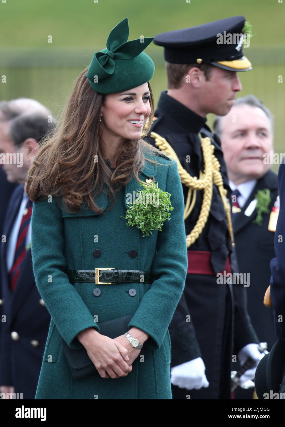 HRH The Duchess of Cambridge and Prince William presents shamrocks to the Irish Guards' at St Patricks Day Parade.  Featuring: The Duchess of Cambridge,Prince William Where: Aldershot, United Kingdom When: 16 Mar 2014 Stock Photo