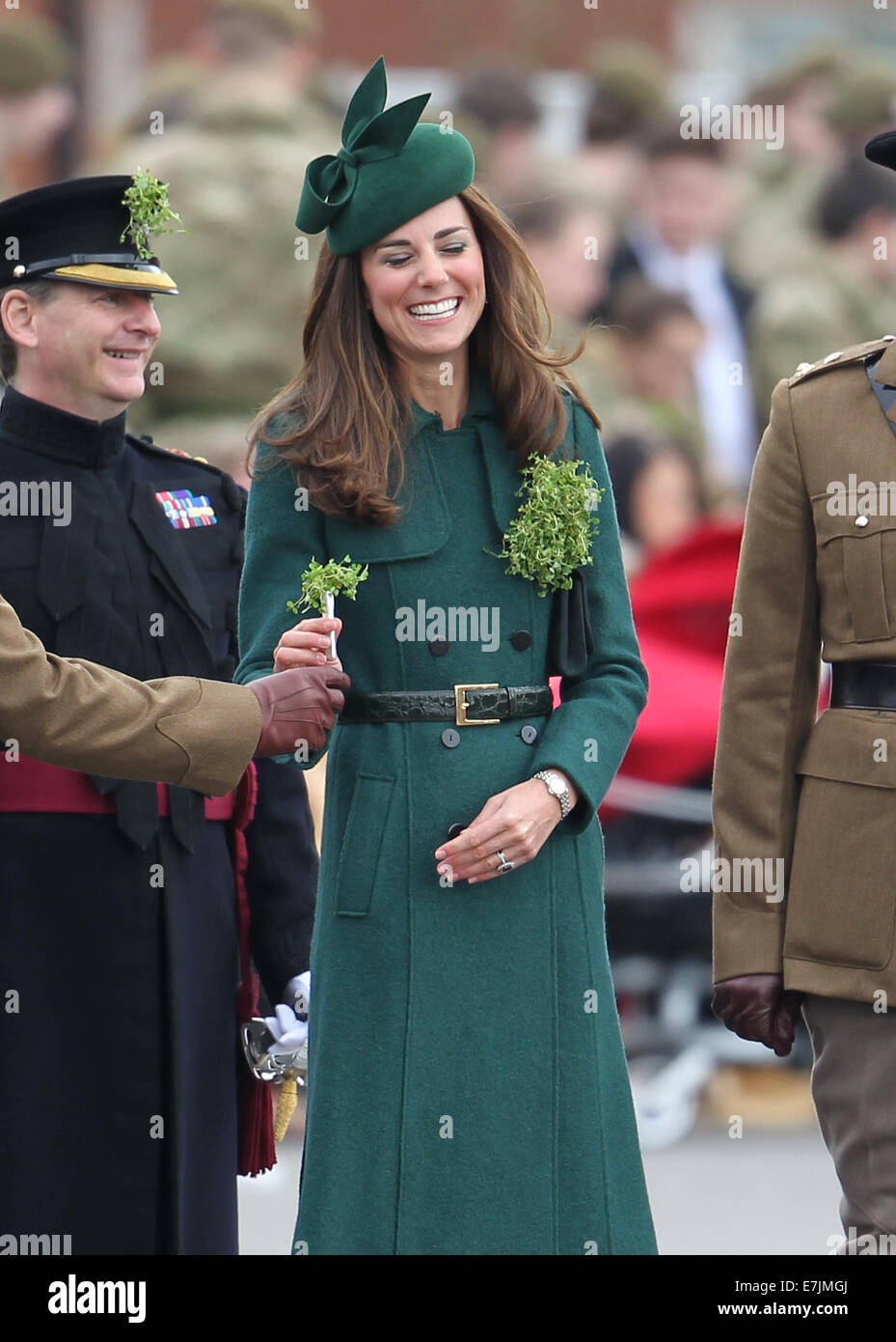 HRH The Duchess of Cambridge and Prince William presents shamrocks to the Irish Guards' at St Patricks Day Parade.  Featuring: Catherine,Duchess of Cambridge,Kate Middleton Where: Aldershot, United Kingdom When: 16 Mar 2014 Stock Photo