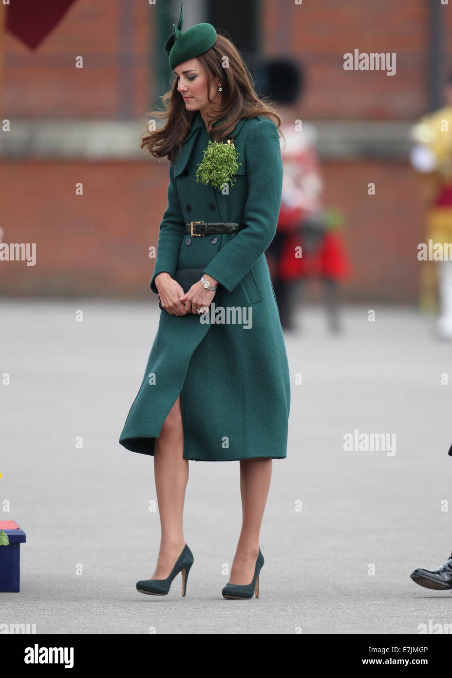 HRH The Duchess of Cambridge and Prince William presents shamrocks to the Irish Guards' at St Patricks Day Parade.  Featuring: Catherine,Duchess of Cambridge,Kate Middleton Where: Aldershot, United Kingdom When: 16 Mar 2014 Stock Photo