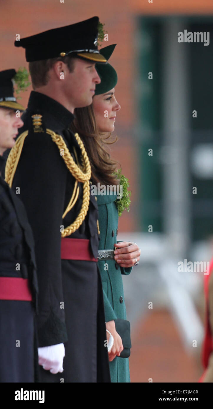 HRH The Duchess of Cambridge and Prince William presents shamrocks to the Irish Guards' at St Patricks Day Parade.  Featuring: Catherine,Duchess of Cambridge,Kate Middleton,Prince William,Duke of Cambridge Where: Aldershot, United Kingdom When: 16 Mar 2014 Stock Photo