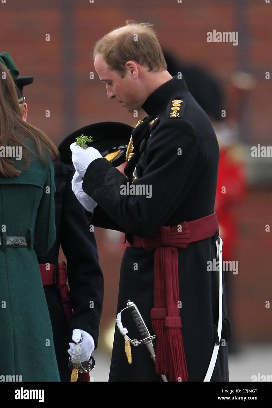 HRH The Duchess of Cambridge and Prince William presents shamrocks to the Irish Guards' at St Patricks Day Parade.  Featuring: Prince William Where: Aldershot, United Kingdom When: 16 Mar 2014 Stock Photo
