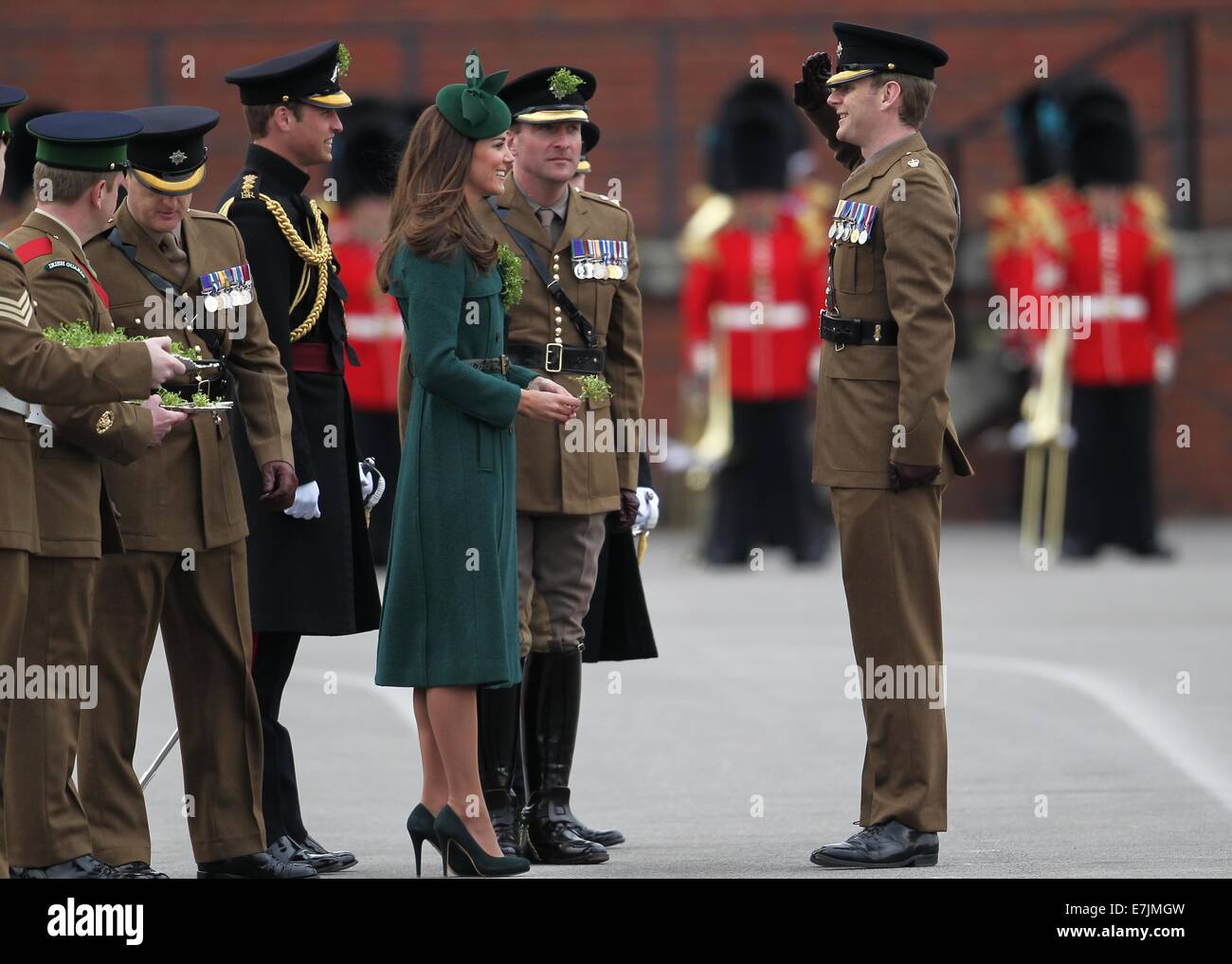 HRH The Duchess of Cambridge and Prince William presents shamrocks to the Irish Guards' at St Patricks Day Parade.  Featuring: Catherine,Duchess of Cambridge,Kate Middleton,Prince William,Duke of Cambridge Where: Aldershot, United Kingdom When: 16 Mar 2014 Stock Photo