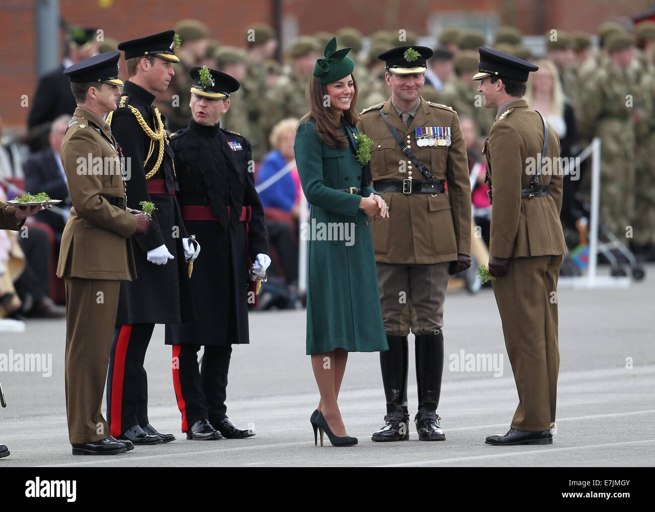 HRH The Duchess of Cambridge and Prince William presents shamrocks to the Irish Guards' at St Patricks Day Parade.  Featuring: Catherine,Duchess of Cambridge,Kate Middleton,Prince William,Duke of Cambridge Where: Aldershot, United Kingdom When: 16 Mar 2014 Stock Photo