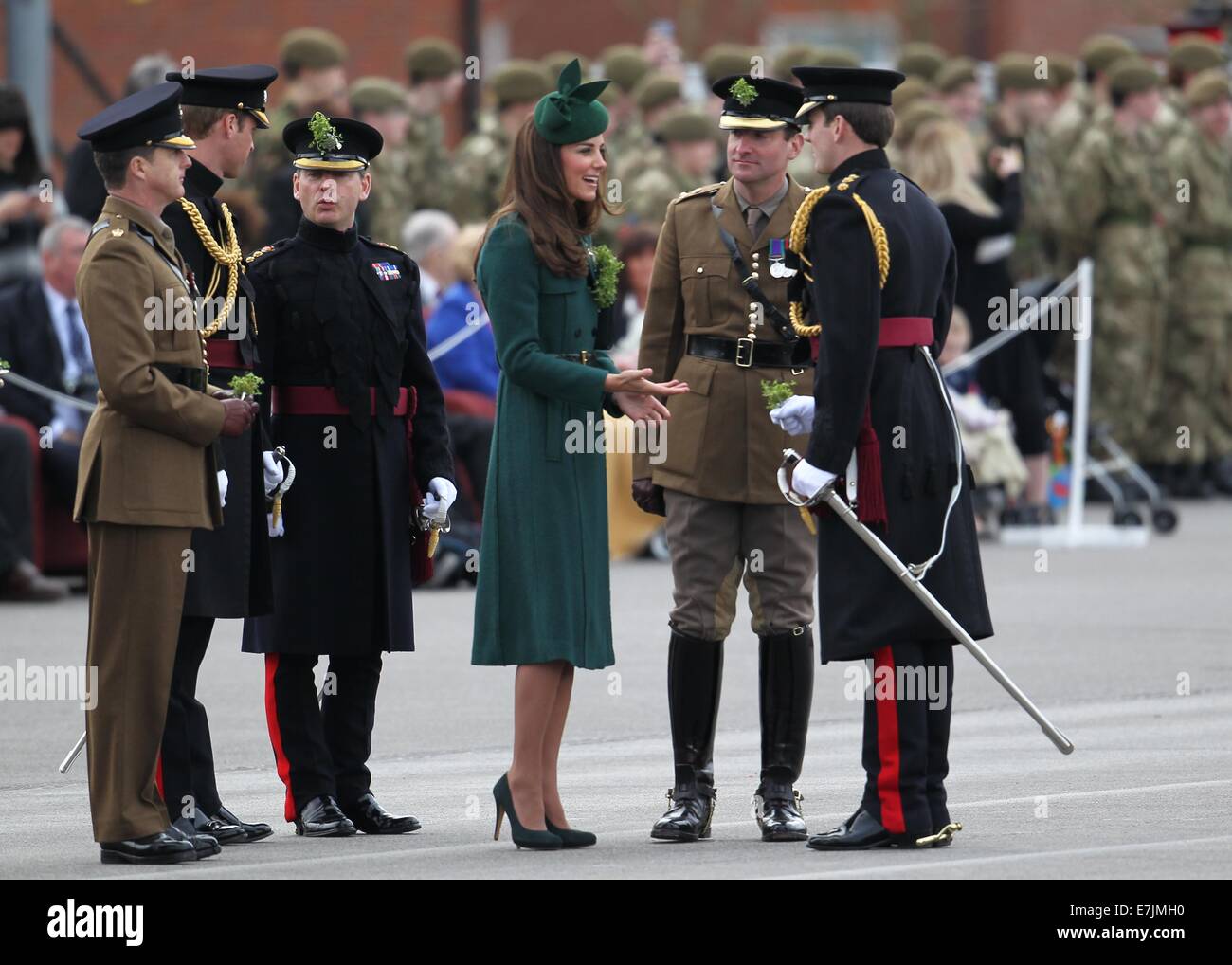 HRH The Duchess of Cambridge and Prince William presents shamrocks to the Irish Guards' at St Patricks Day Parade.  Featuring: Catherine,Duchess of Cambridge,Kate Middleton,Prince William,Duke of Cambridge Where: Aldershot, United Kingdom When: 16 Mar 2014 Stock Photo