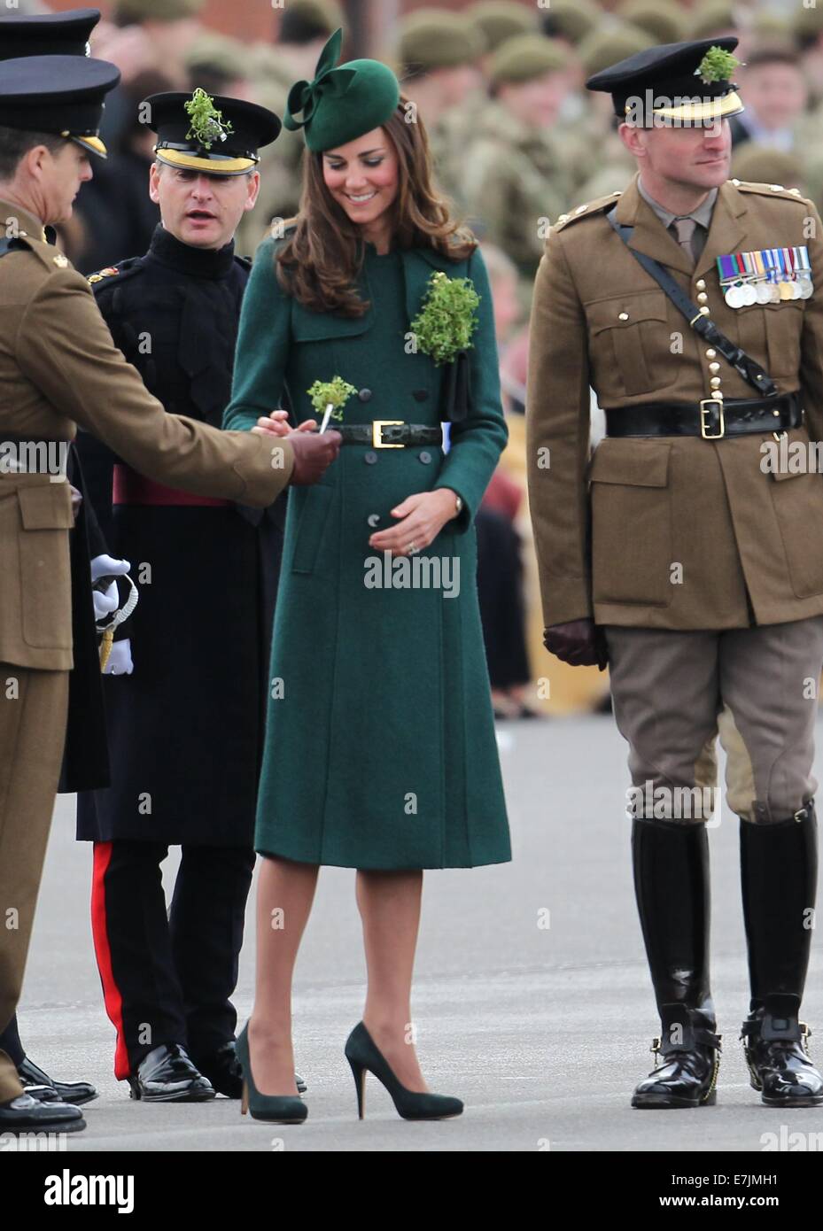 HRH The Duchess of Cambridge and Prince William presents shamrocks to the Irish Guards' at St Patricks Day Parade.  Featuring: Catherine,Duchess of Cambridge,Kate Middleton,Prince William,Duke of Cambridge Where: Aldershot, United Kingdom When: 16 Mar 2014 Stock Photo
