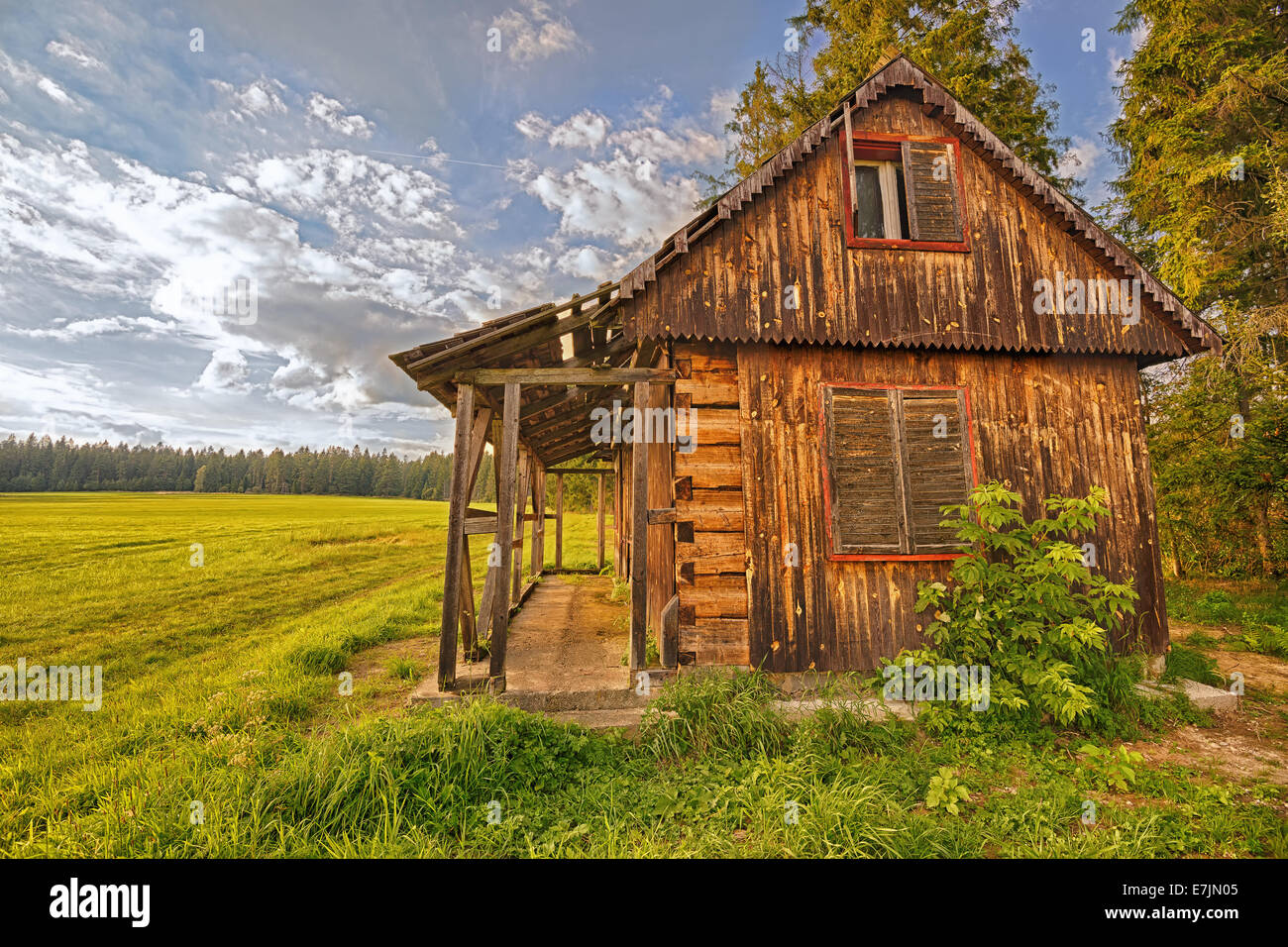 Discarded wooden cabin  in the wilderness. Hdr image. Stock Photo