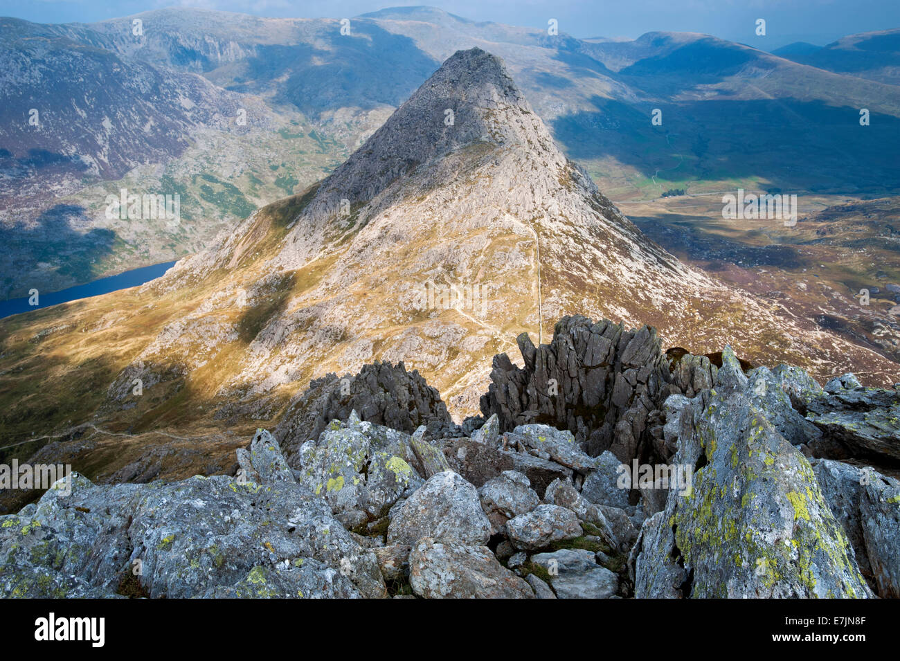 Tryfan & The Ogwen Valley from Bristly Ridge, Snowdonia National Park, North Wales, UK Stock Photo