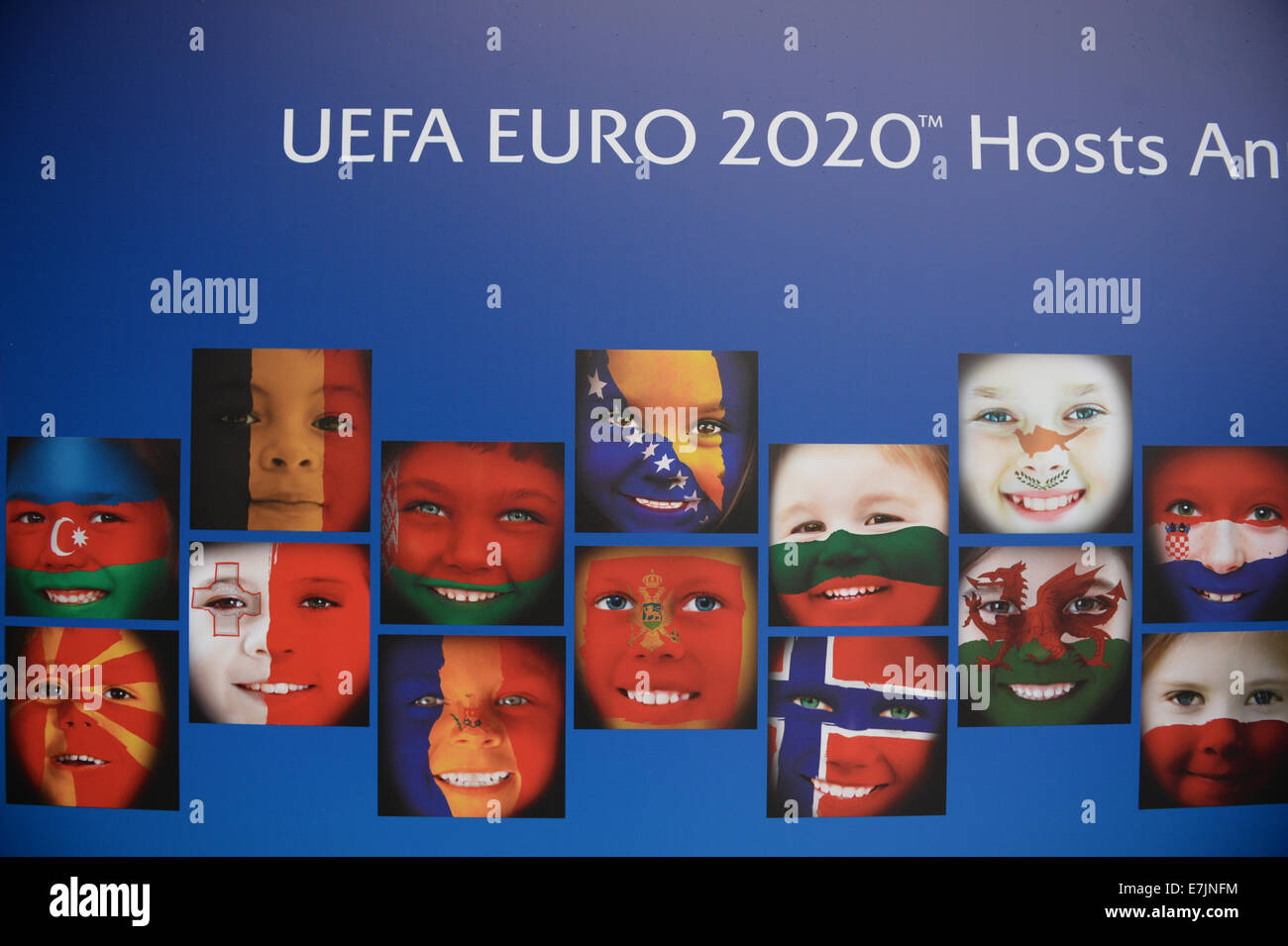 Geneva, Switzerland. 19th Sep, 2014. An advertising banner for the UEFA Euro 2020 European soccer championships is seen outside of the Espace Hippomene, in Geneva, Switzerland, on 19 September 2014. The UEFA Euro 2020 tournament will be held in thirteen cities in thirteen different European countries. Credit:  dpa picture alliance/Alamy Live News Stock Photo