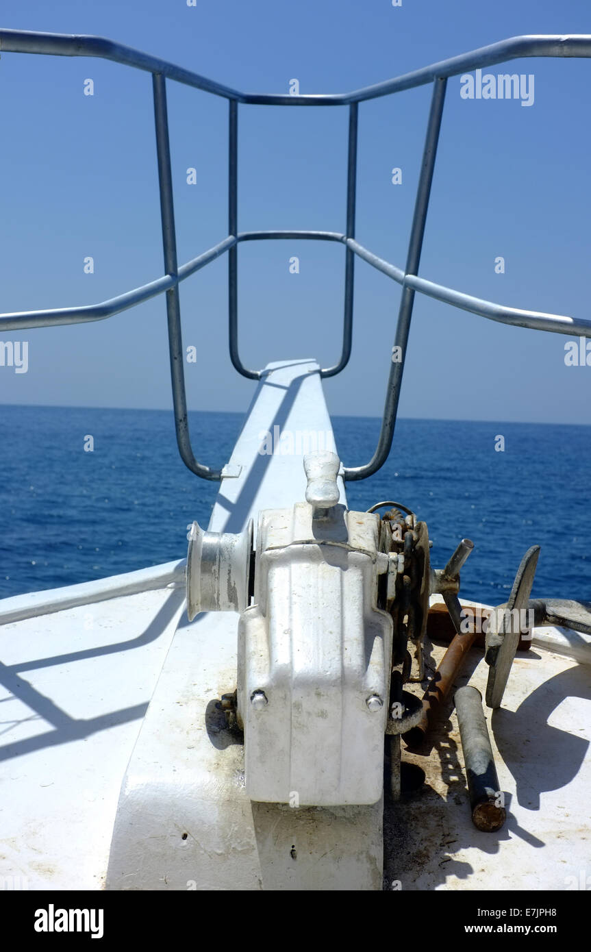 Anchor at forward pulpit of boat Stock Photo Alamy