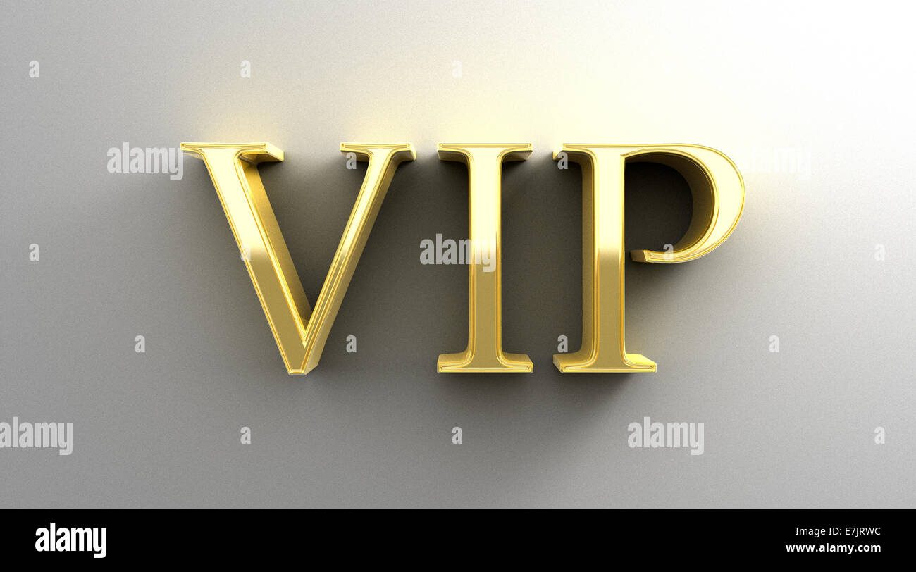 VIP - gold 3D quality render on the wall background with soft shadow. Stock Photo
