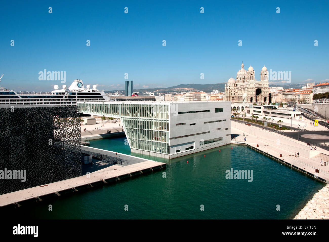France:  part of Marseille's new development - Museum, port, cruise ship, cathedral. Stock Photo