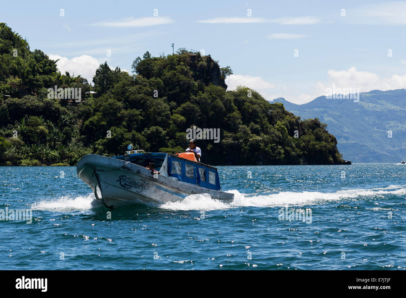 Boat cruising Atitlan Lake, Panajacel, Mexico Stock Photo