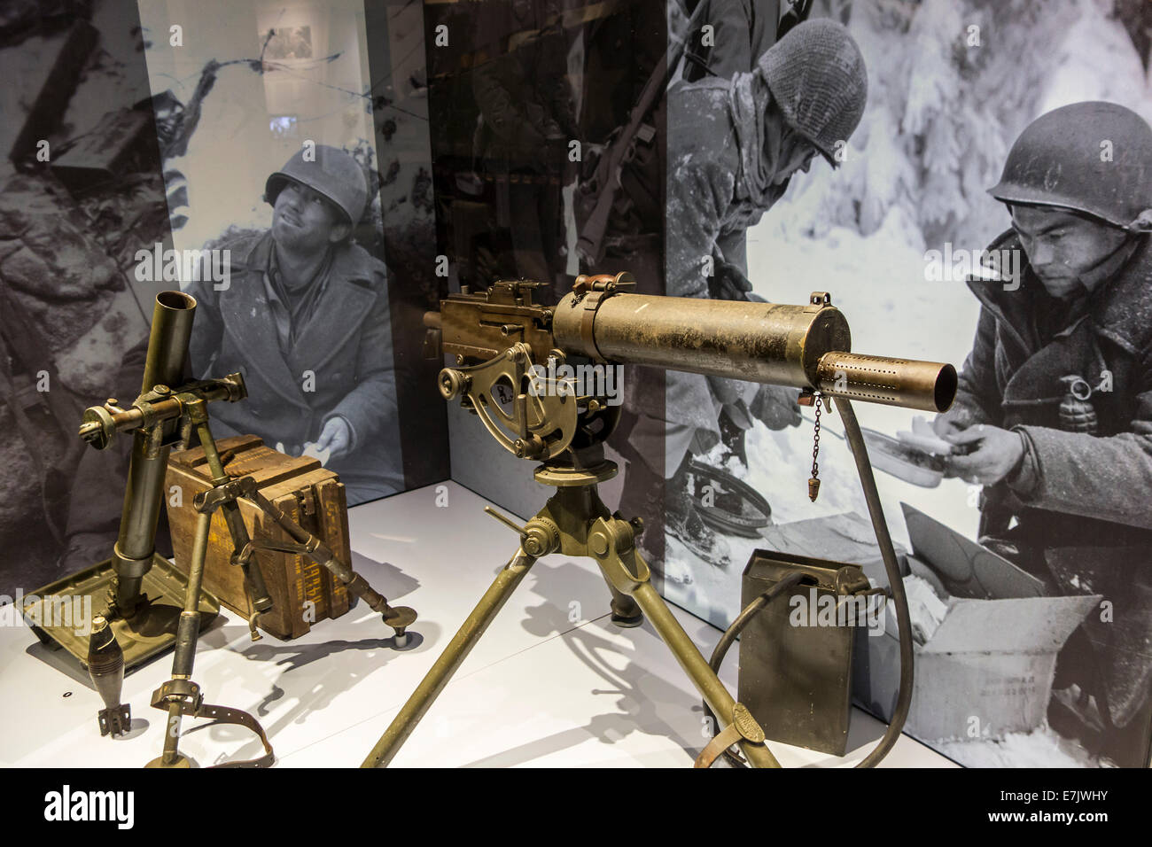 American M1917 Browning machine gun and M2 Mortar in the Bastogne War Museum about World War Two, Belgian Ardennes, Belgium Stock Photo