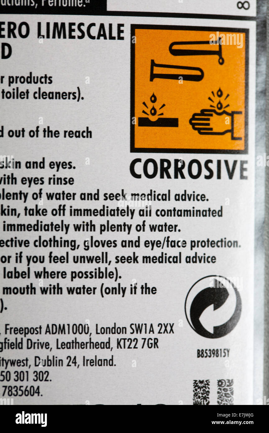 Corrosive symbol and warning on back of Domestos Zero Limescale toilet  limescale remover bottle Stock Photo - Alamy