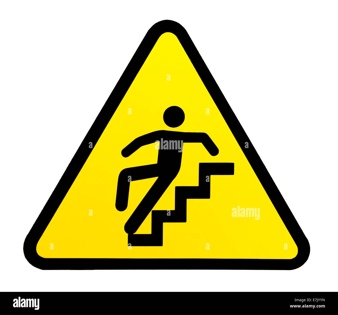 Yellow triangular sign warning for slippery stairs when wet Stock Photo