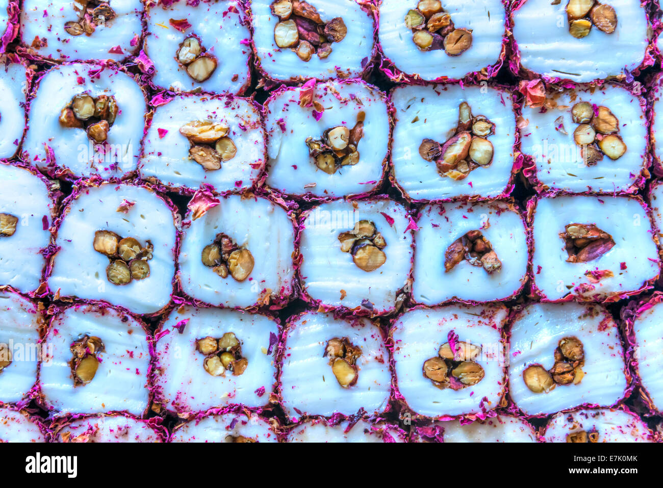 Cross Section Through Colourful Pink and White Turkish Delight Stock Photo
