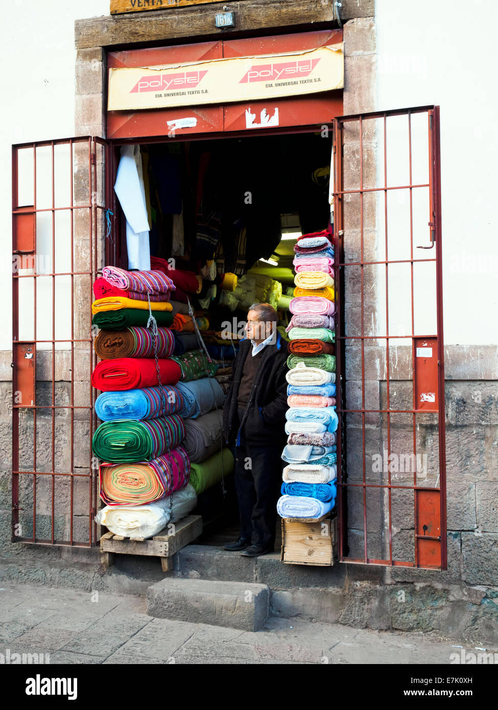 Textile shop near San Pedro market - Cusco, Peru Stock Photo