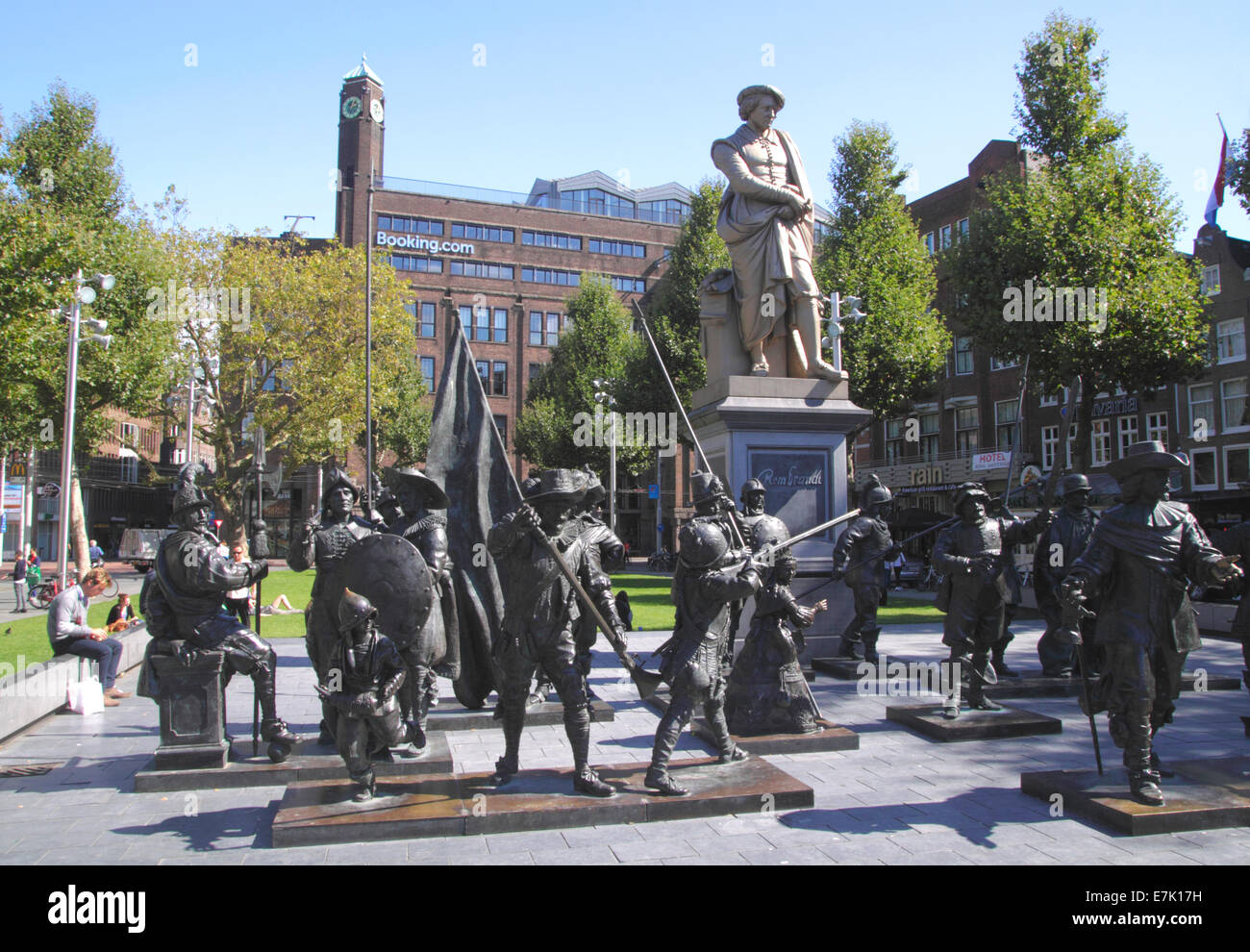 Rembrandt Statue and The Night Watch figures Rembrandt Square Amsterdam Stock Photo