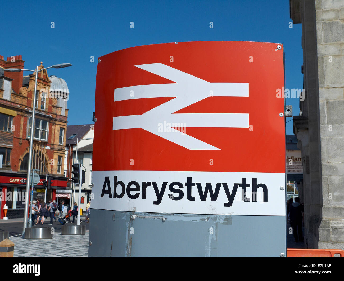 Railway station sign in Aberystwyth Ceredigion Wales UK Stock Photo