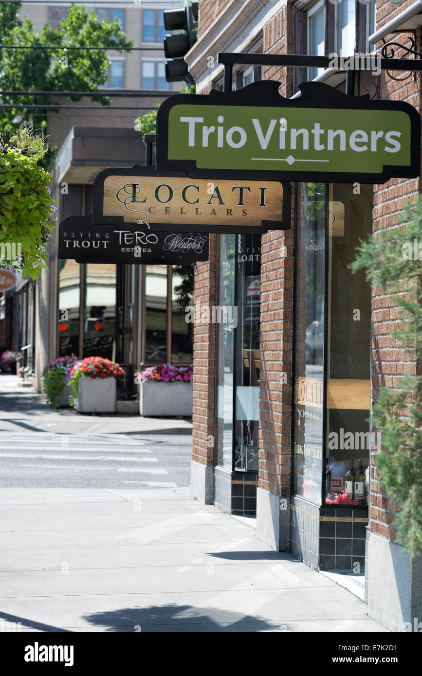 Signs in front of wine tasting rooms in downtown Walla Walla