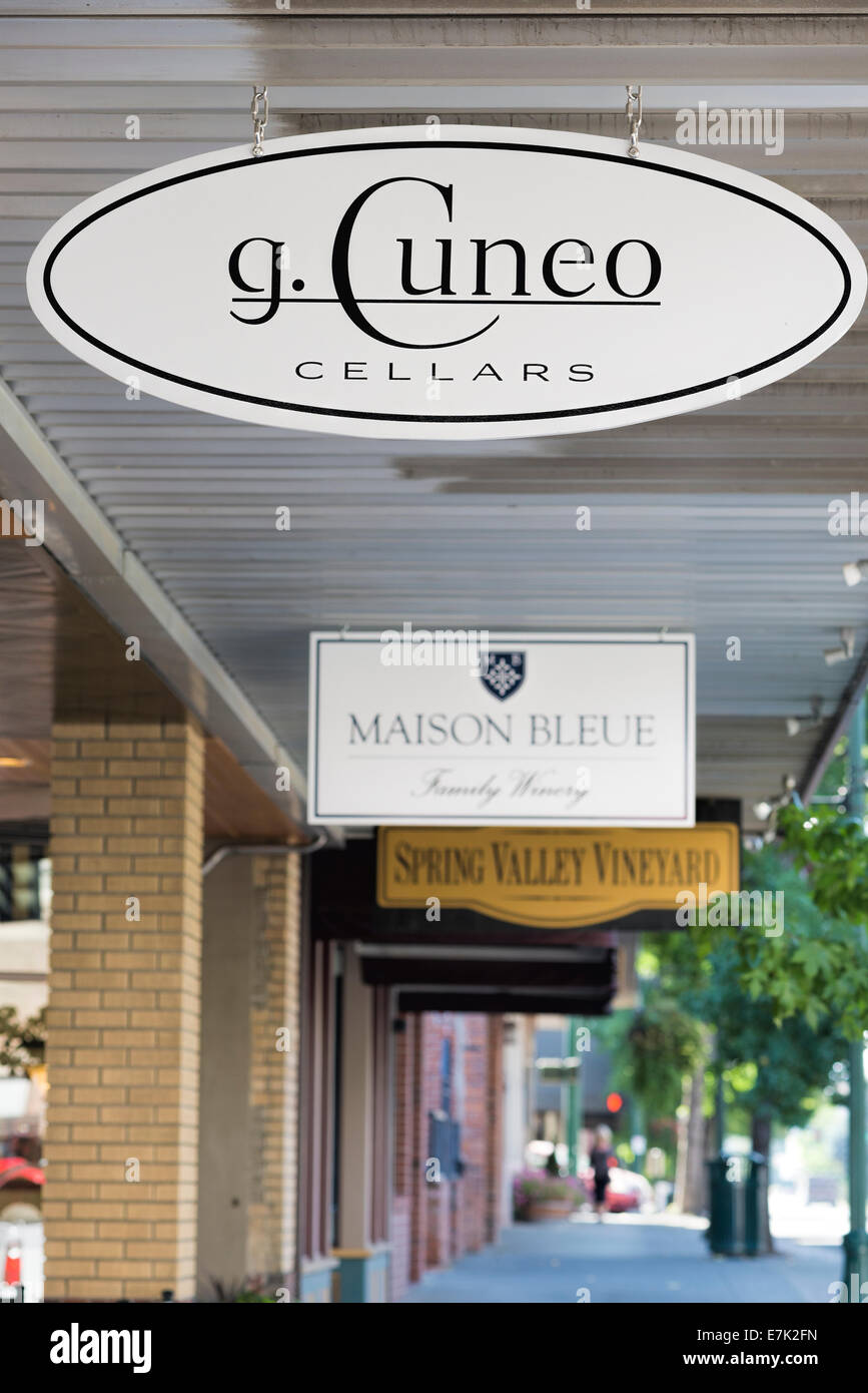 Signs in front of wine tasting rooms in downtown Walla Walla, Washington. Stock Photo