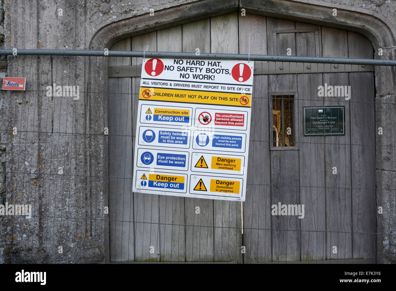 Health and Safety warnings, at Beaupre manor, a medieval ruin in Wales, during maintenance works. Stock Photo