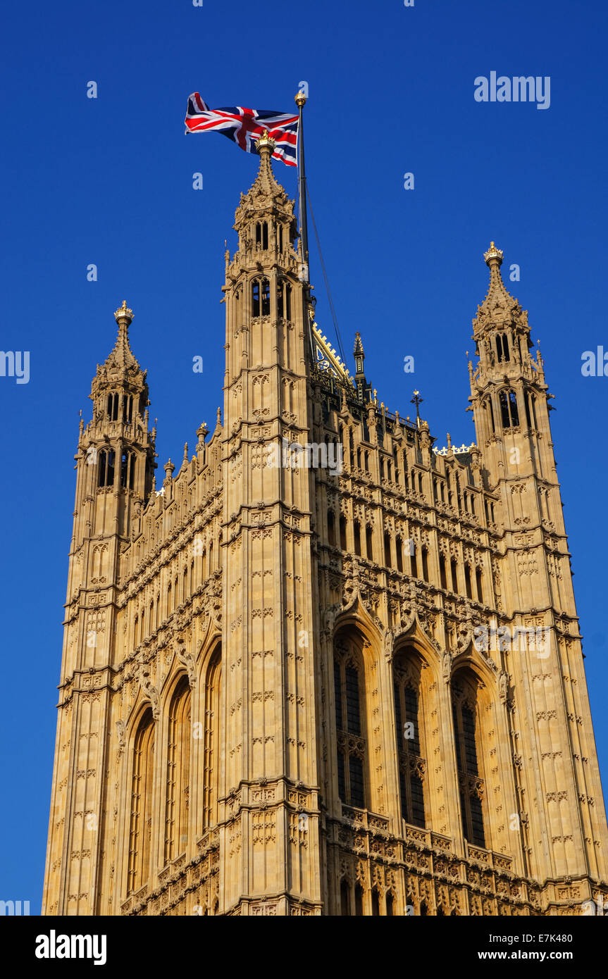 A union flag on top of the Victoria Tower, part of the Palace of Westminster in London, England United Kingdom UK Stock Photo