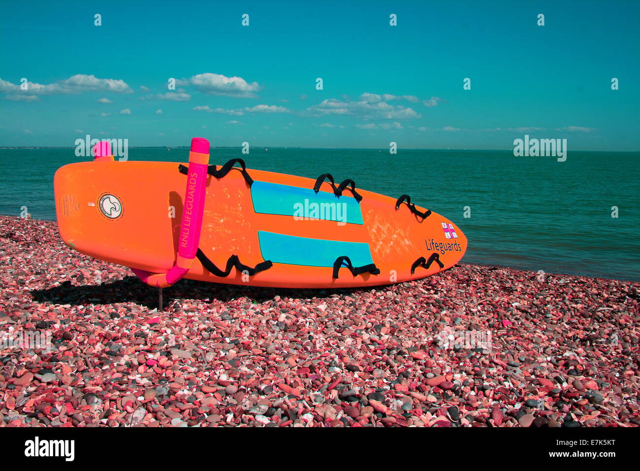 Infrared image RNLI Lifeguard surfboard on the beach at Minster on Sea in Kent on the Isle of Sheppey Stock Photo