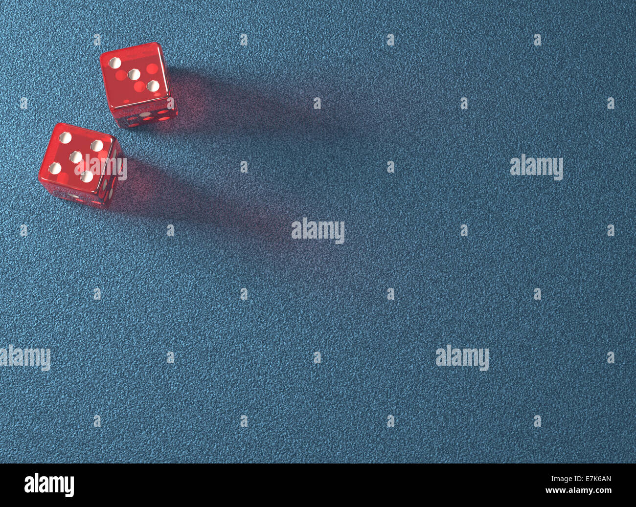 Red dice on blue table. Your text on the empty space. Clipping path included. Stock Photo