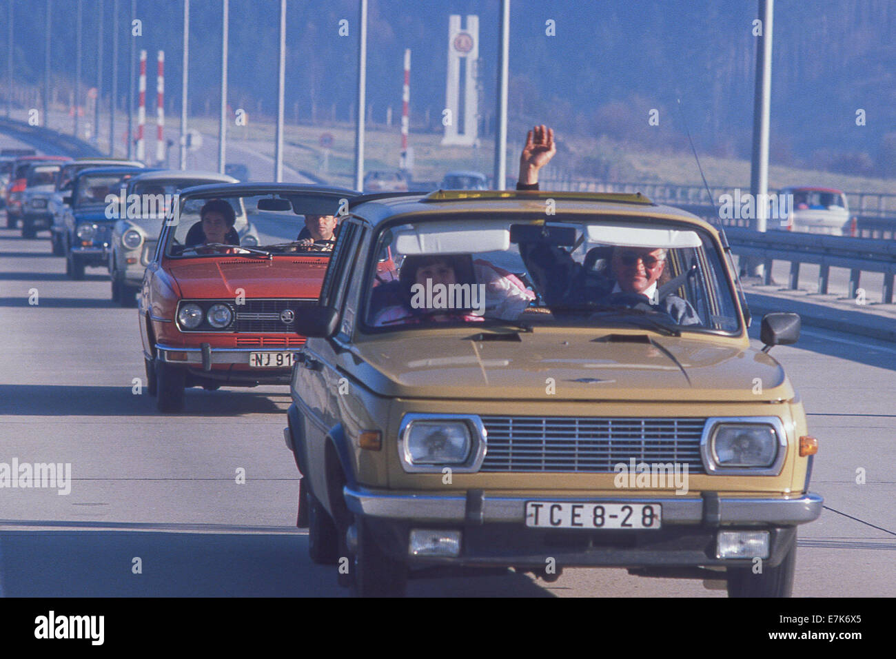 West Berlin, Germany. 17th Sep, 2013. Cars load of people from East Germany  are greeted as they cross the Intra-German border near Hof, West Germany on  Nov. 10, 1989. The borders between