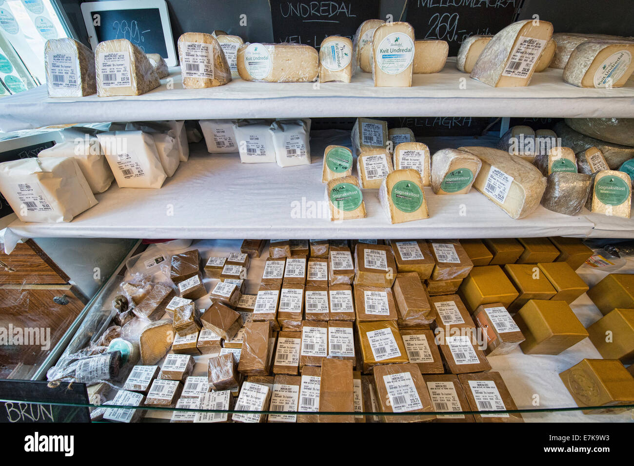 the famous geitost brown goat cheese in Undredal, Norway Stock Photo