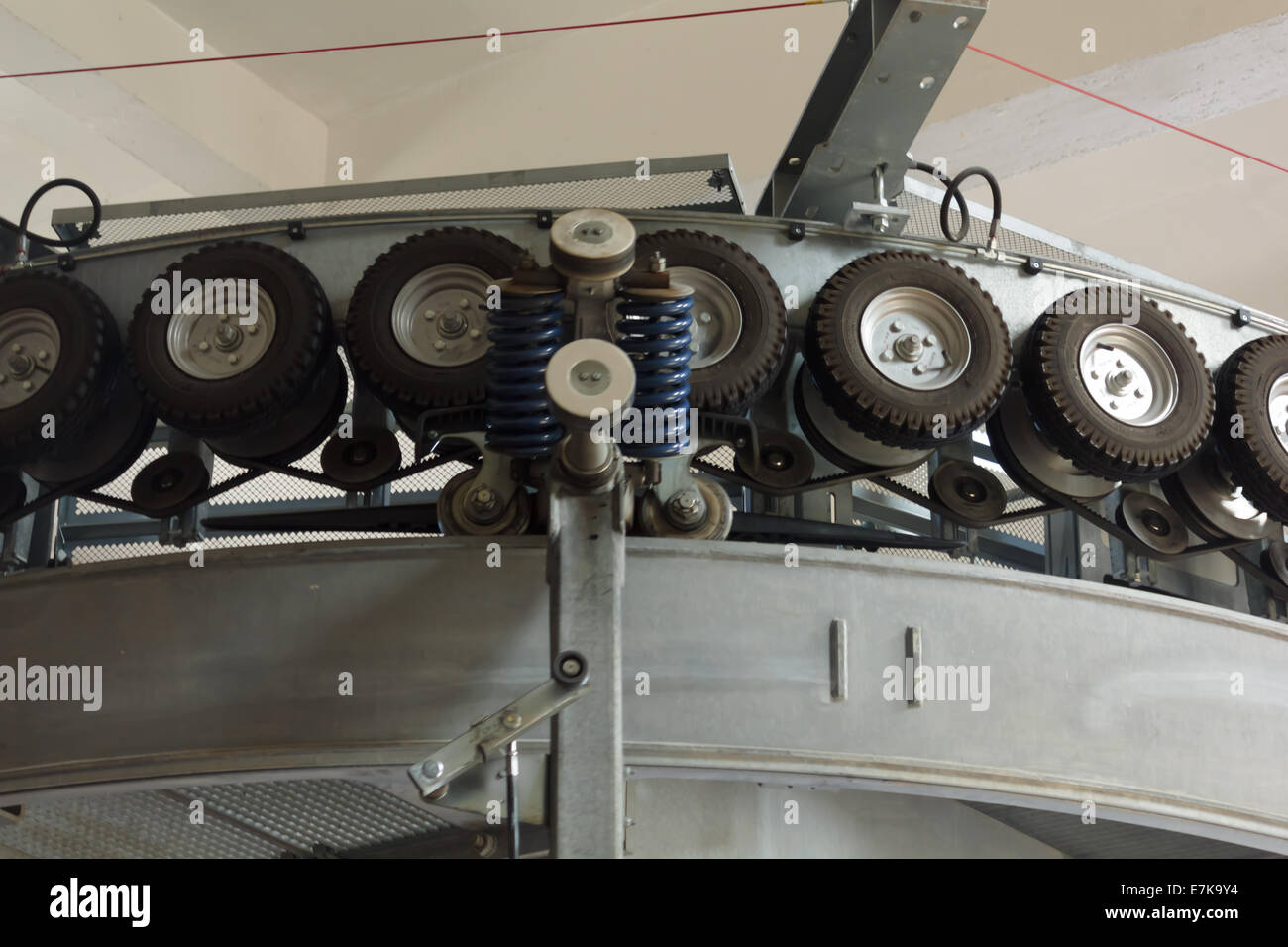 Pulleys for belt driven cable car Stock Photo Alamy