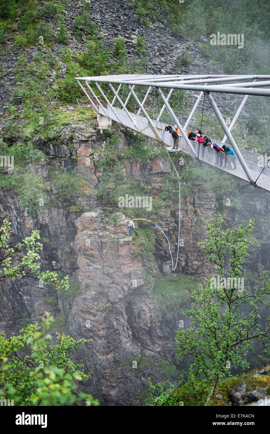 bungee jumping from the Gorsa Bridge in northern Norway Stock Photo