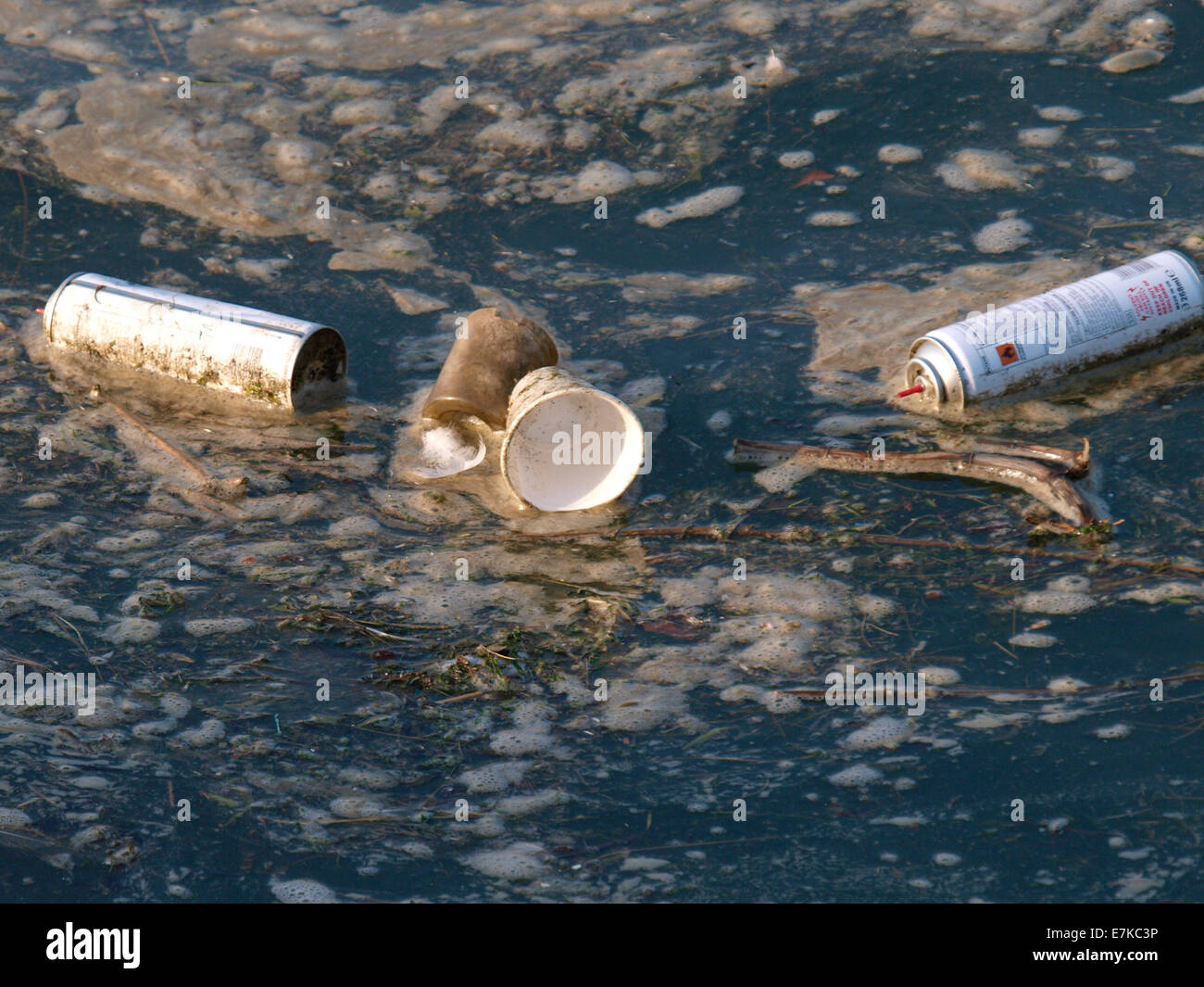 Rubbish polluting a river, Bude, Cornwall, UK Stock Photo