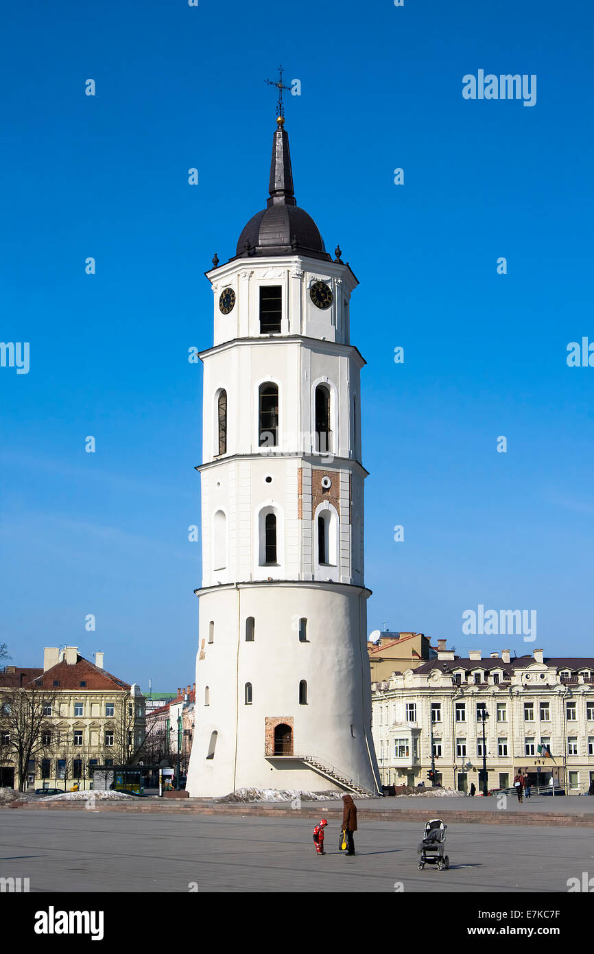 Belfry in Cathedral Square in the early spring. Vilnius, Lithuania. Stock Photo