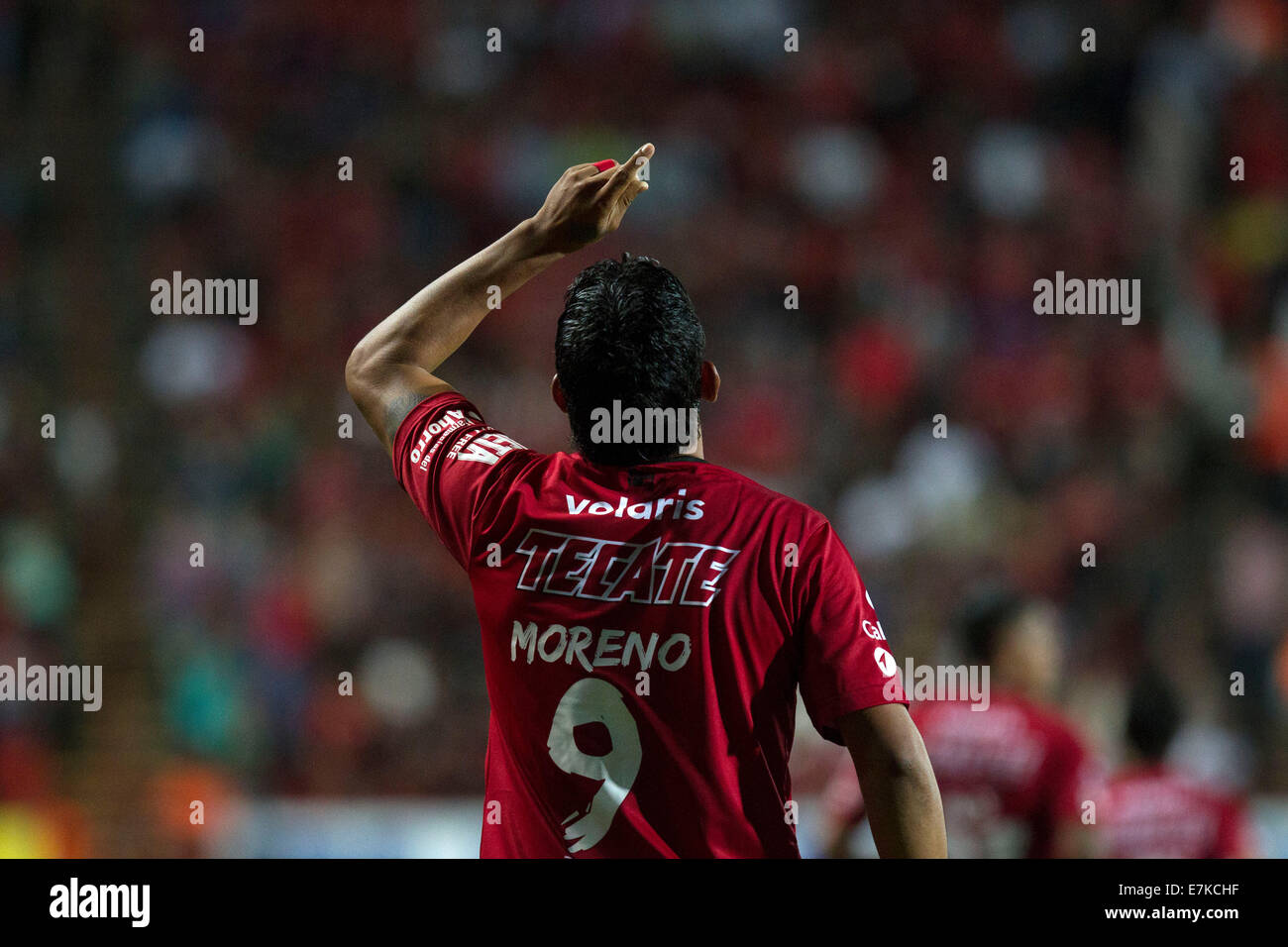 Tijuana, Mexico. 19th Sep, 2014. Alfredo Moreno of Xolos celebrates his goal in a Journey 8 match against Santos during the MX League Aperture Tournament 2014, at Caliente Stadium, in Tijuana City, northern Mexico, on Sept. 19, 2014. © Guillermo Arias/Xinhua/Alamy Live News Stock Photo