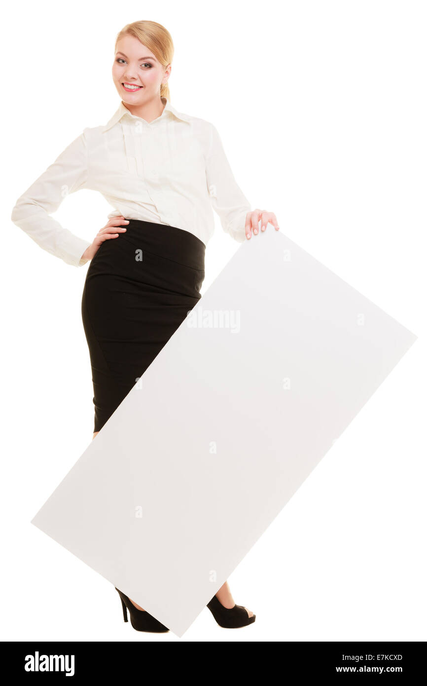 Advertisement. Young woman showing blank copy space banner isolated on ...