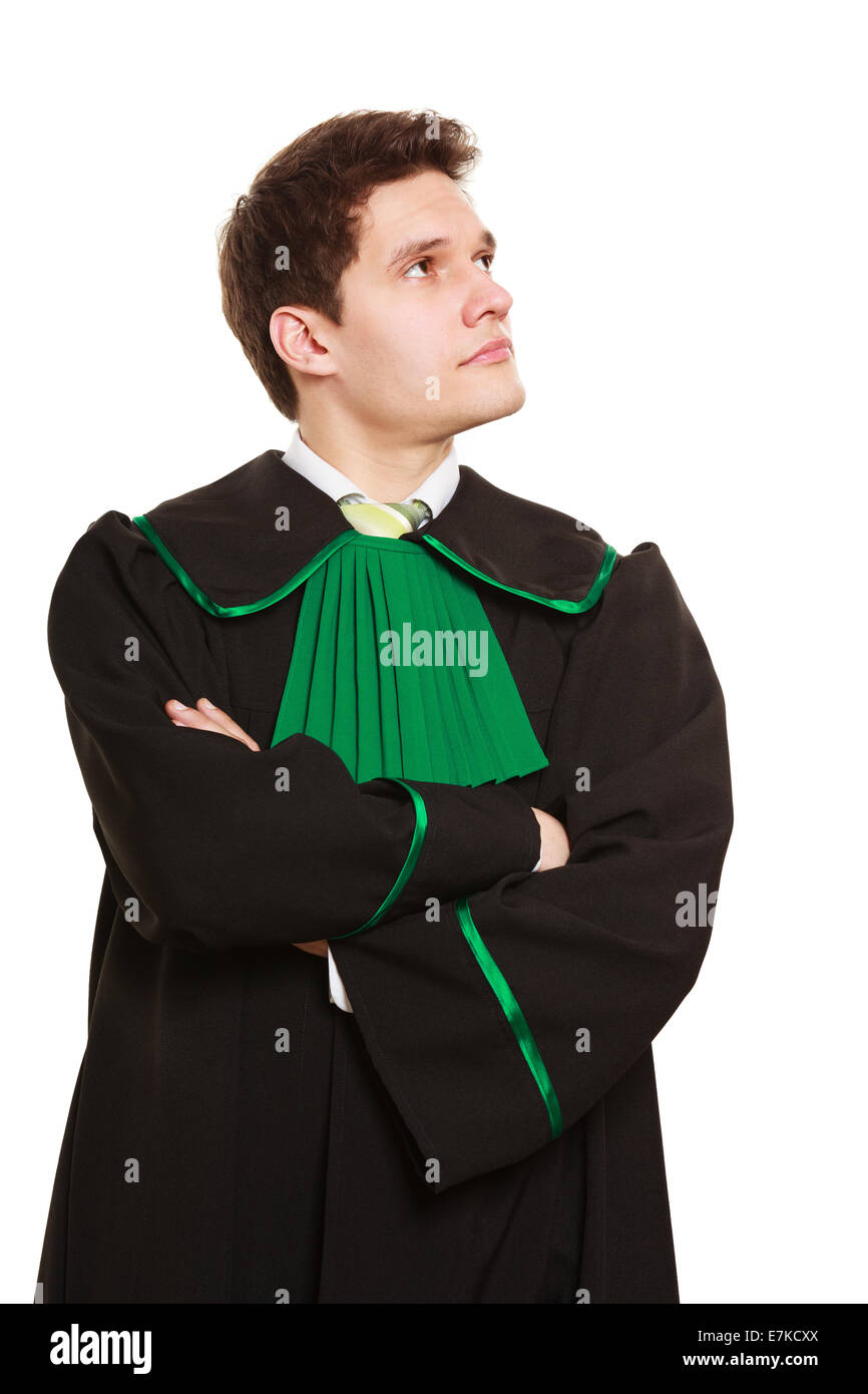 Law court and justice. Young pensive man lawyer attorney in polish (Poland) black green gown isolated on white. Occupation. Stock Photo