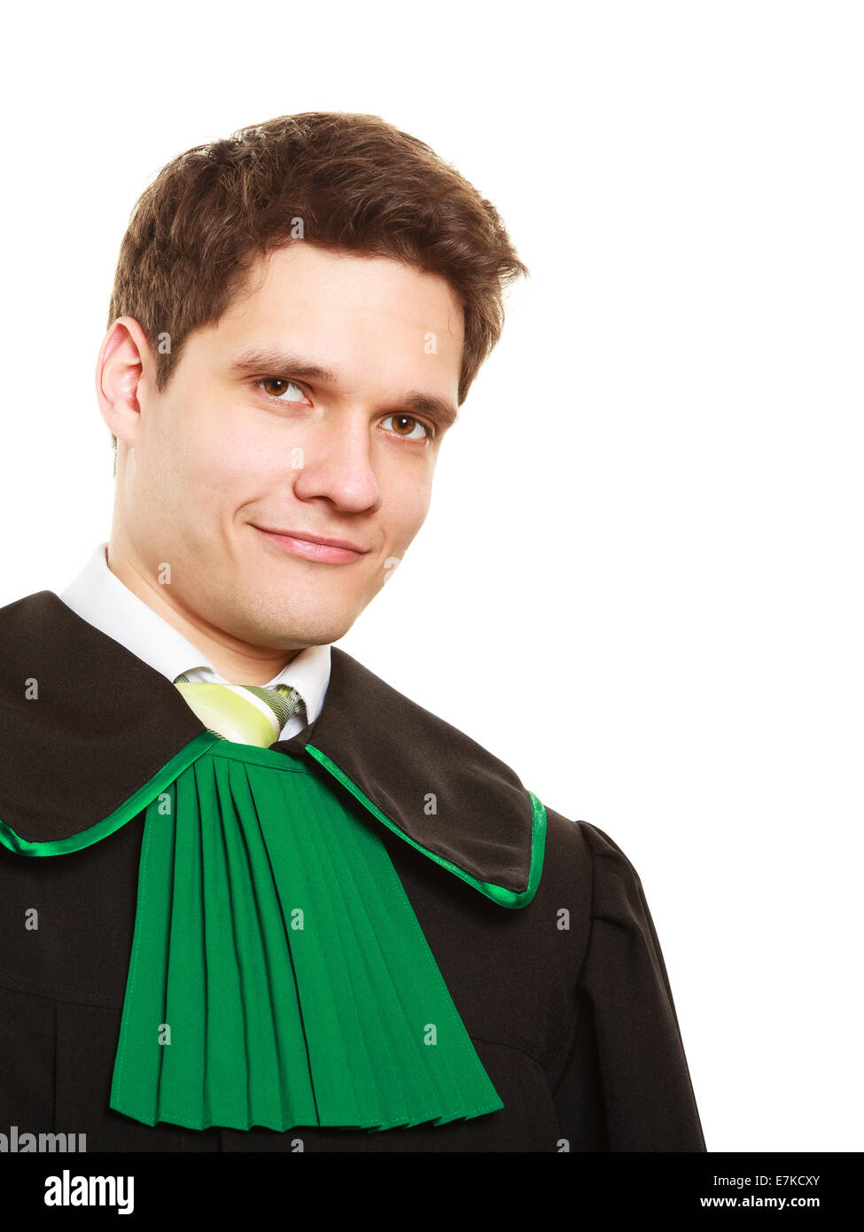 Law court and justice. Portrait of young man lawyer attorney in polish (Poland) black green gown isolated on white. Occupation. Stock Photo
