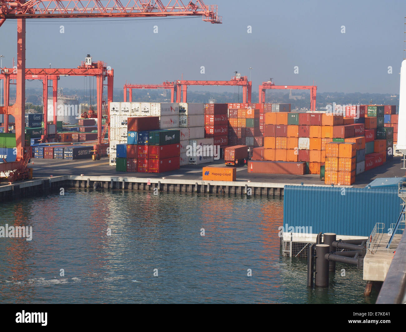 Articulated steel box container units situated at Dublin Port, Ireland