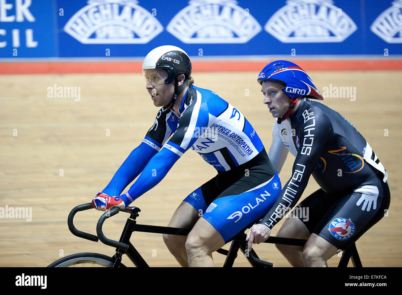 Craig MacLean  and Anthony Kappes tandem racing at Manchester velodrome. Stock Photo