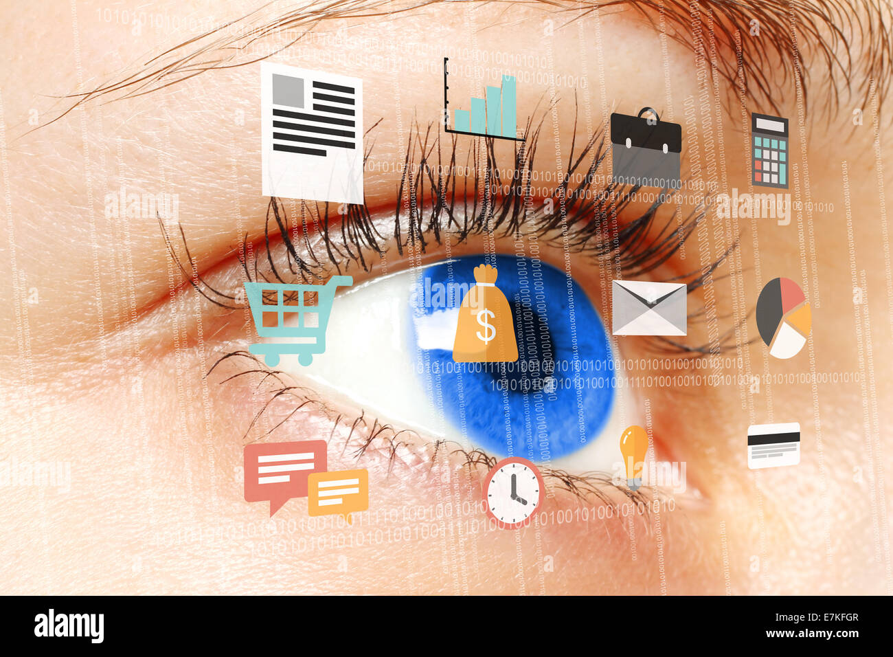 Woman blue eye looking at digital virtual screen with flat business icons close-up Stock Photo