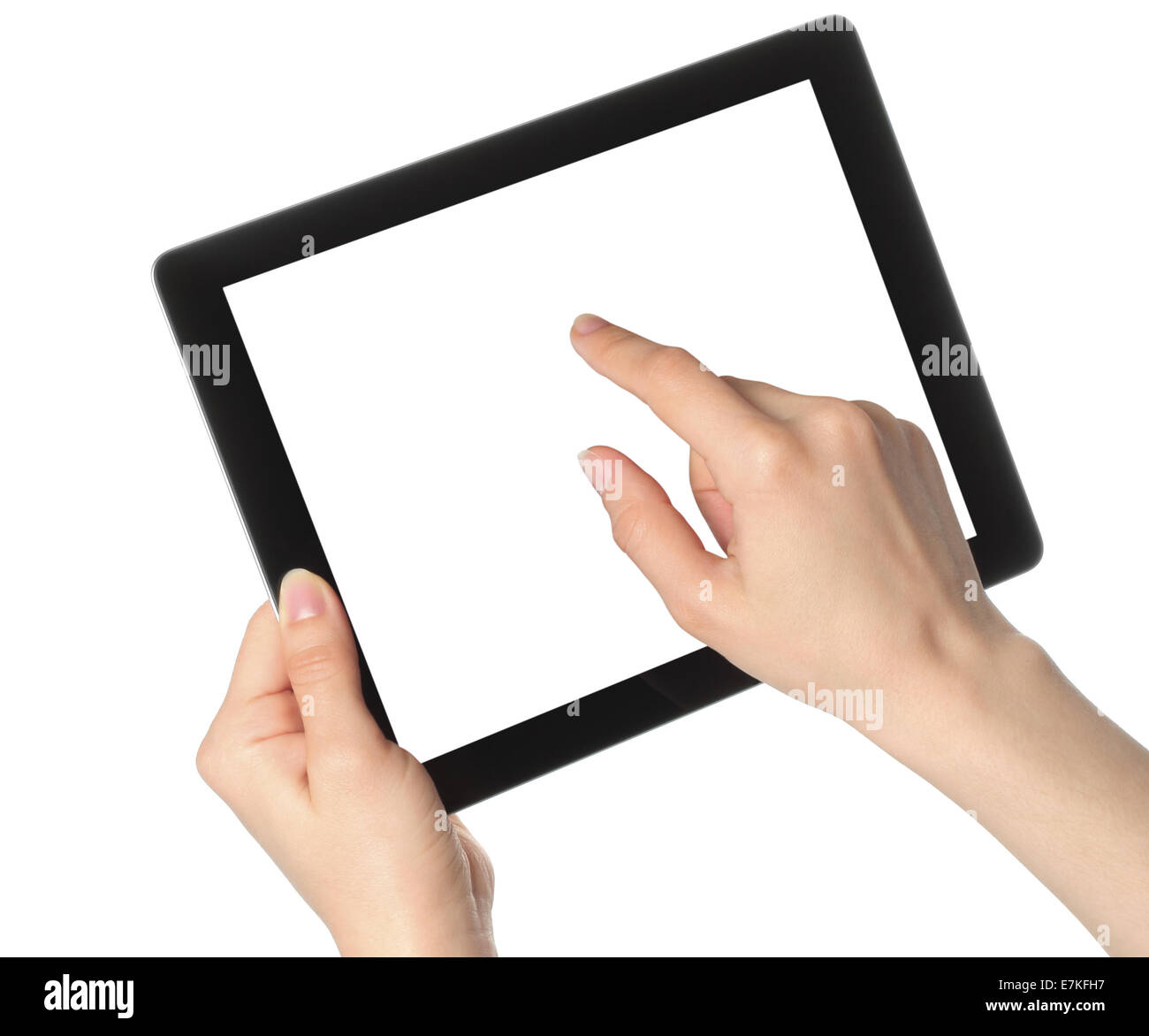 Woman hands hold and touch tablet PC on white background Stock Photo