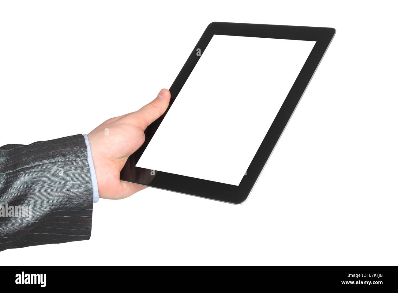 Man hand holding tablet PC on white background Stock Photo