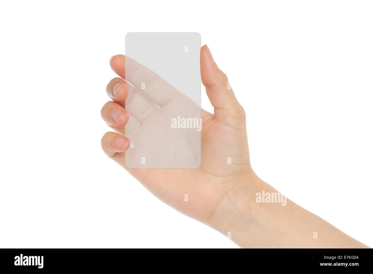 Hand holds transparent card on white background Stock Photo