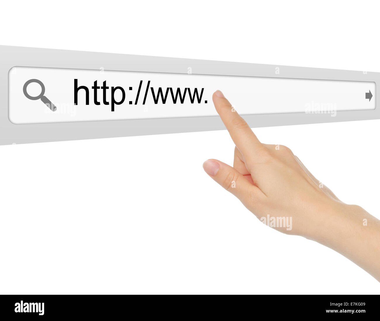 Hand pushing virtual search bar on white background, internet concept Stock Photo